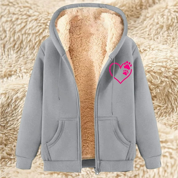 CFLVAEK Sherpa Fleece Lined Jackets for Women Plus Size Full Zip Hooded Jacket with Pockets Cute Heart Print Coat Thermal Winter Fleece Sweatshirts Gray XXL