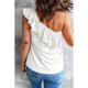 thumbnail image 4 of Blusa sin mangas de un hombro para mujer con ribete de volantes Camiseta informal de verano de color puro elegante Blanco L, 4 of 6