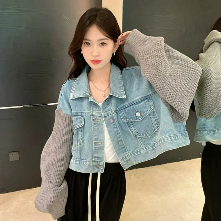 Streetwear Sweater Jeans Jacket Y2K Cropped Denim Jackets Women