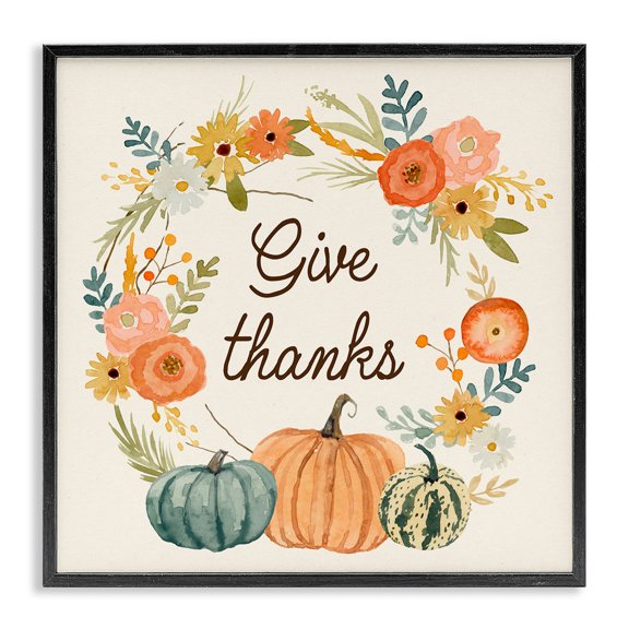 Stupell Industries French Country Give Thanks Sentiments Orange Floral Pumpkin Wreath Black Framed Giclee Art, 12 x 12, by Victoria Barnes