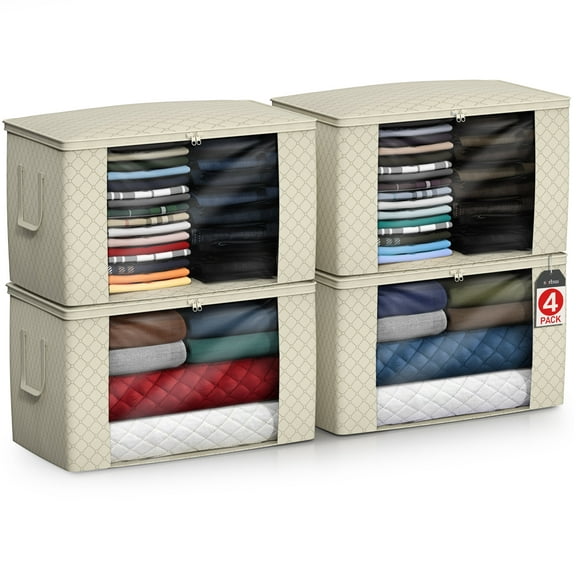 Sorbus Foldable Fabric Storage Bags with Clear Window & Zippers, Beige (4-Pack)