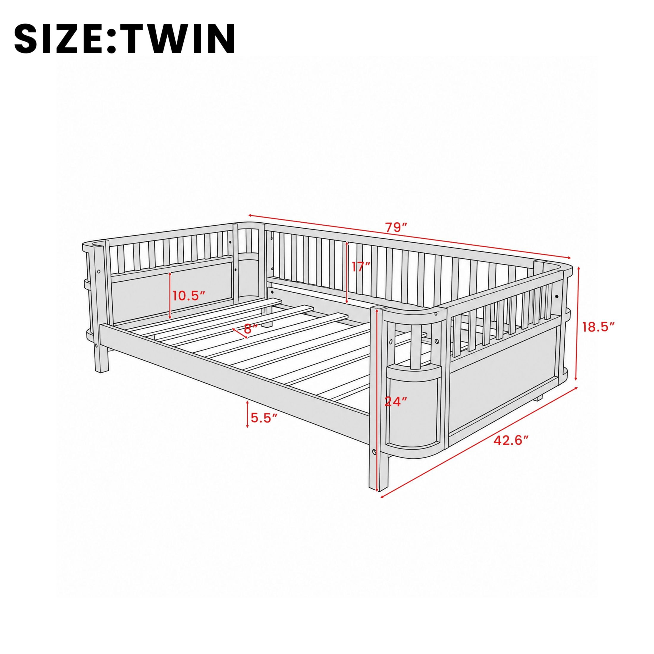 GDF Studio Darpel Twin Size Wooden Montessori Bed Frame with Guard Rails, Pine Wood Low-Profile Floor Kids Bed, Natural