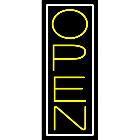 Yellow Open With White Border Vertical LED Neon Sign 24 x 10 - inches, Black Square Cut Acrylic Backing, with Dimmer - Bright and Premium built indoor LED Neon Sign for storefront.