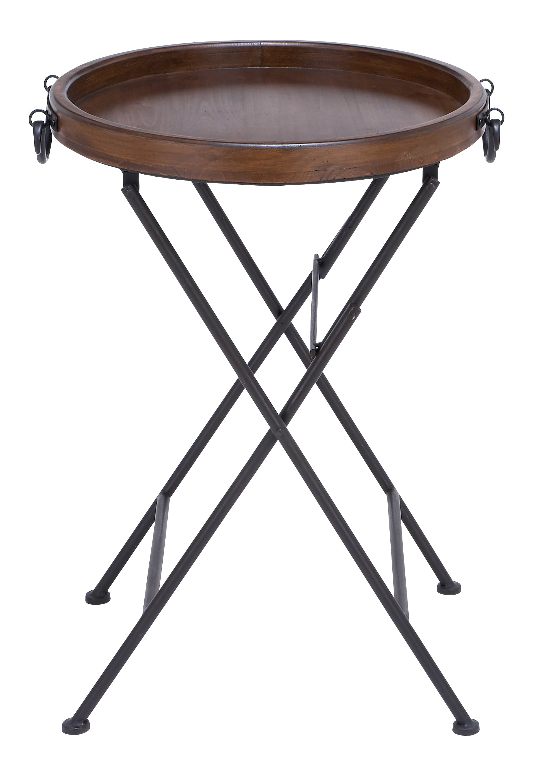 Decmode 28 Inch Traditional Round Pine Wood and Metal Tray Table, Brown