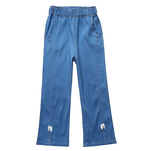 Odeerbi 5-12 Años Niños Niñas Vaqueros Flamed Slit Bow Denim Pantalones Cintura Elástica Casual Cowboy Pantalones