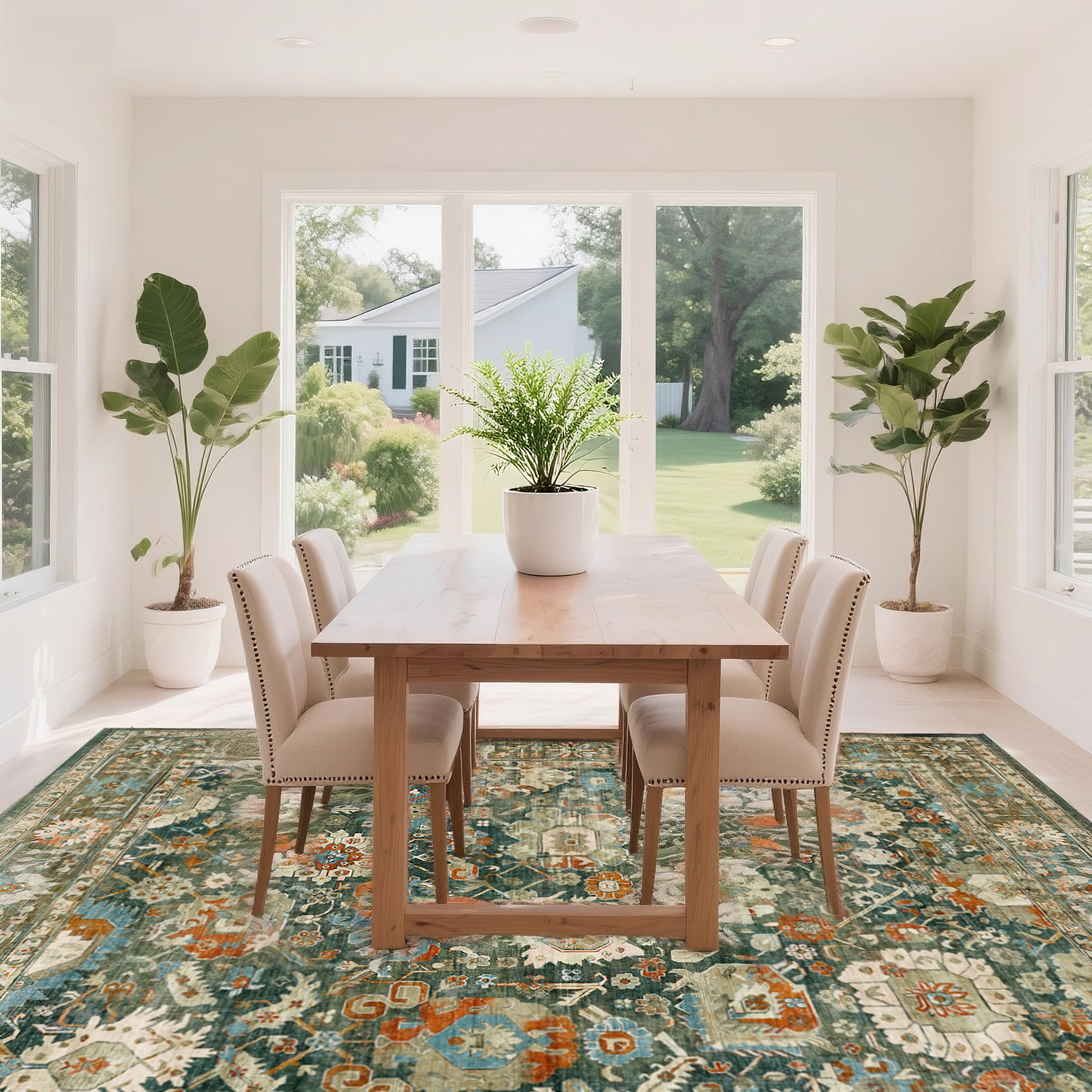 Rugs for Living Room 5x7, Non Slip Machine Washable Indoor Large Rug, Low Pile Chenille Print Mat for Bedroom Dining Room Home Office Kitchen,dark green