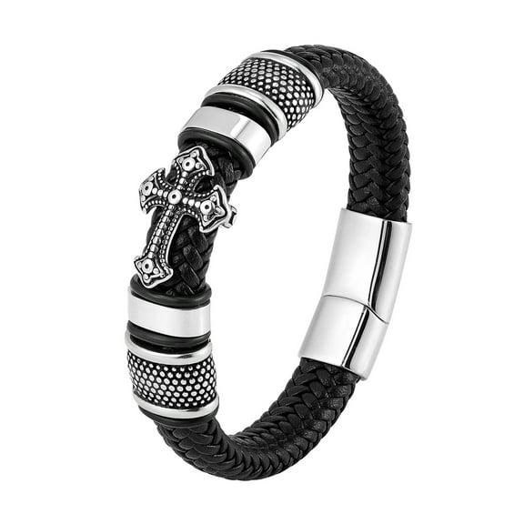 Leather Handmade Woven Cross Bracelet, Genuine Leather Woven Cross, Men's Leather Bracelet, Retro Stainless Steel Leather Rope
