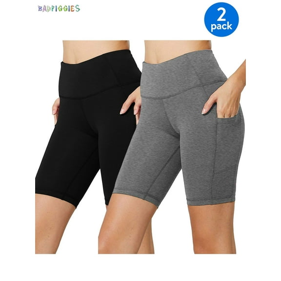 BadPiggies 2-Pack Women High Waist Active Yoga Shorts Side Pockets Bike Shorts Cycling Workout Compression Pants (XL, Black Gray)