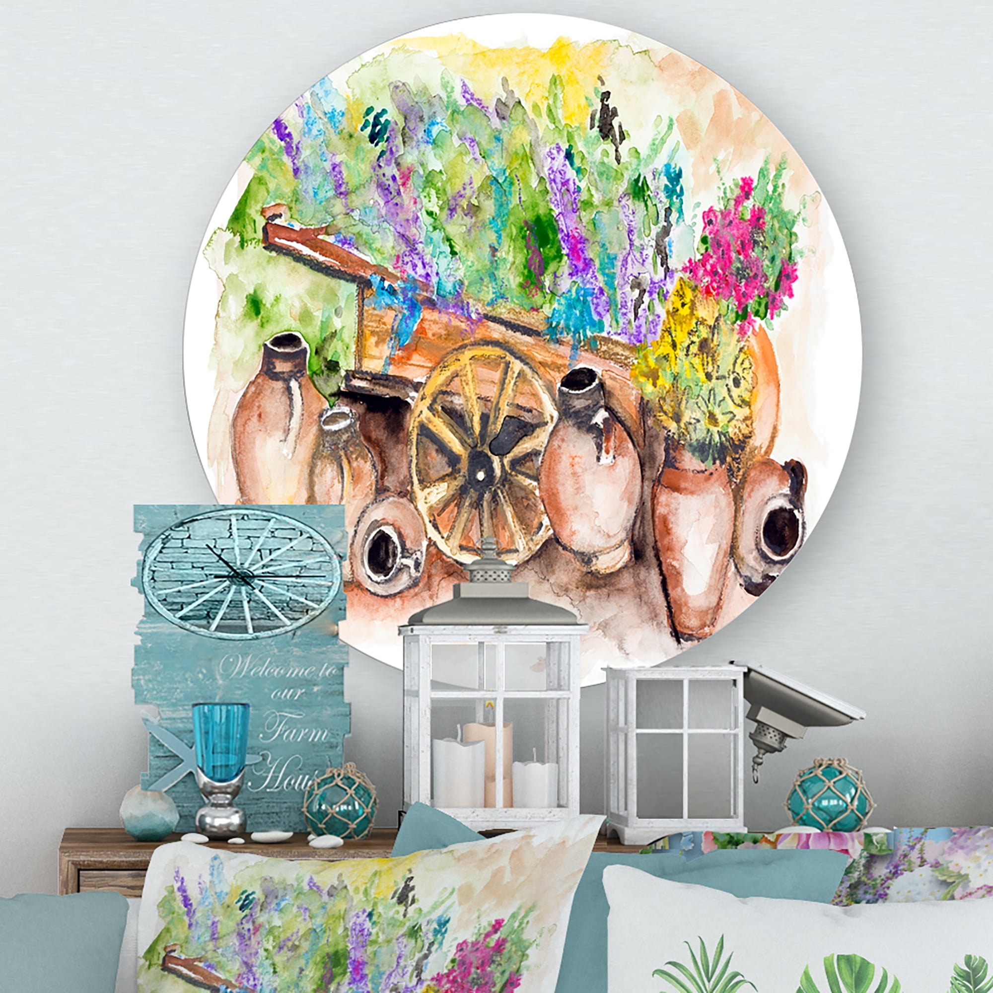 Designart 'Lavender Flowers On Ancient Cart Illustration' Traditional Circle Metal Wall Art 11x11 - Disc of 11