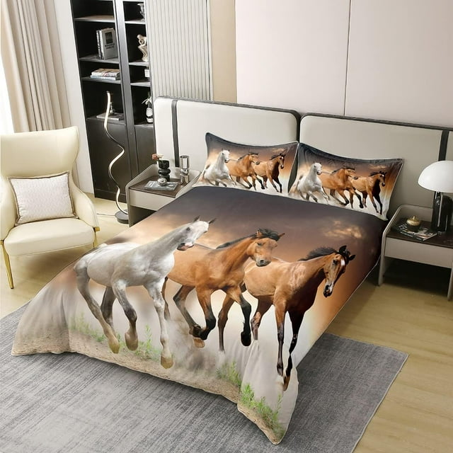 Caballo de algodón Funda nórdica King,Cabina de caballo marrón Juego de cama para
