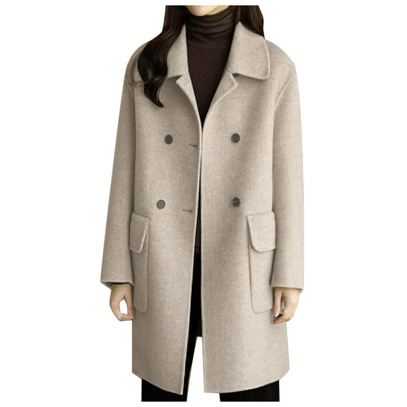 WCMZJ Women's Notched Lapel Collar Double Breasted Spring Winter Coats Wool Blend Oversize Pea Coats Casual Long Trench Coat Beige XL