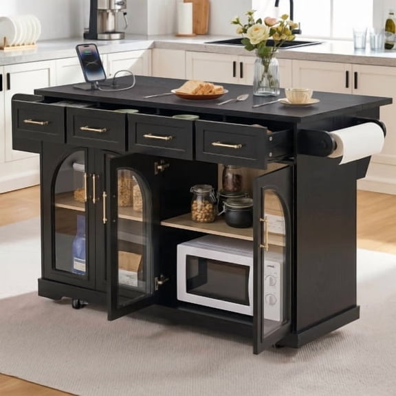 65" Kitchen Island with Storage and Drop Leaf, Rolling Cart with Arched Glass Door and Power Outlet for Kitchen Dining Room, Walnut Black