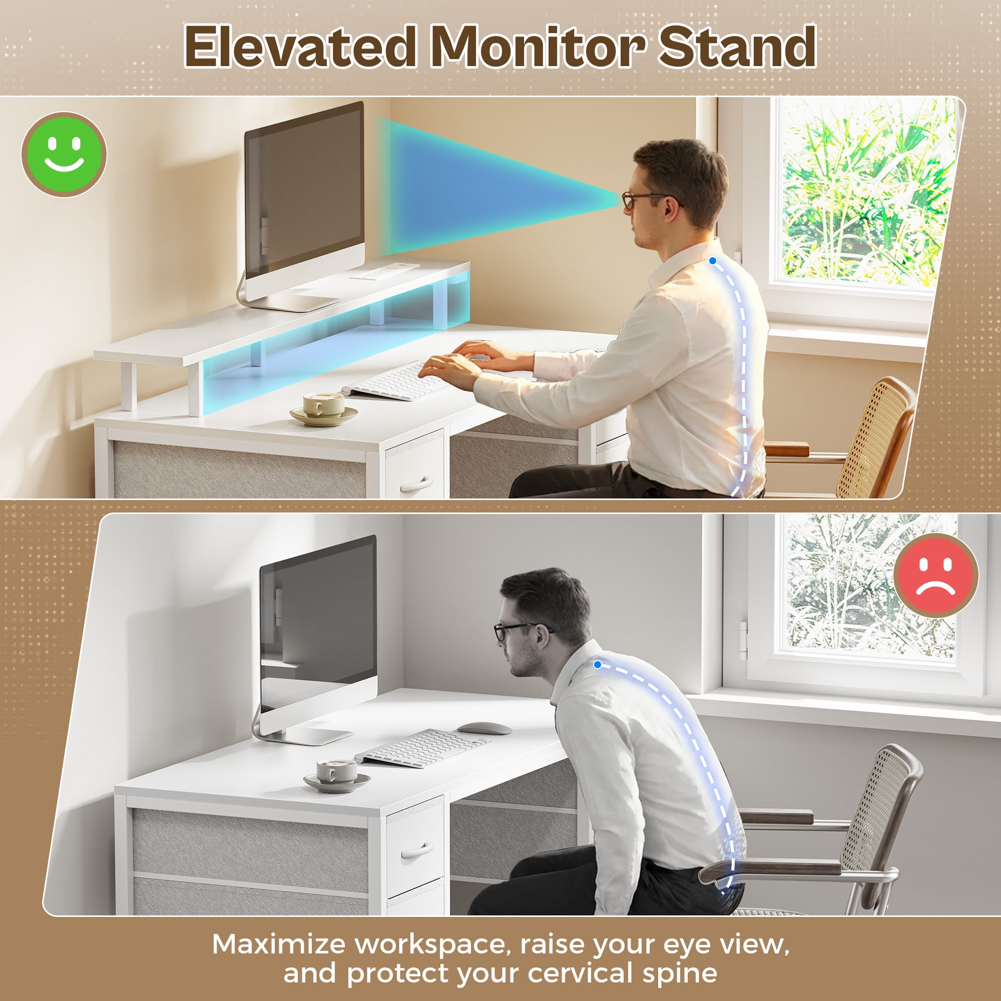 Amadwell 47" Gaming Computer Desk with LED Lights, Power Outlets, Home Office Writing Desk with 4 Drawers, White