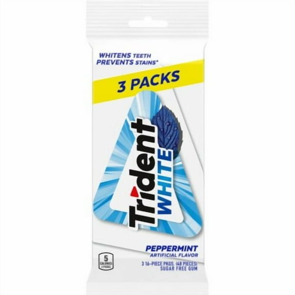 Trident White Sugar Free Gum, Peppermint Flavor, 3 Packs of 16 Pieces (48 Pieces Total)
