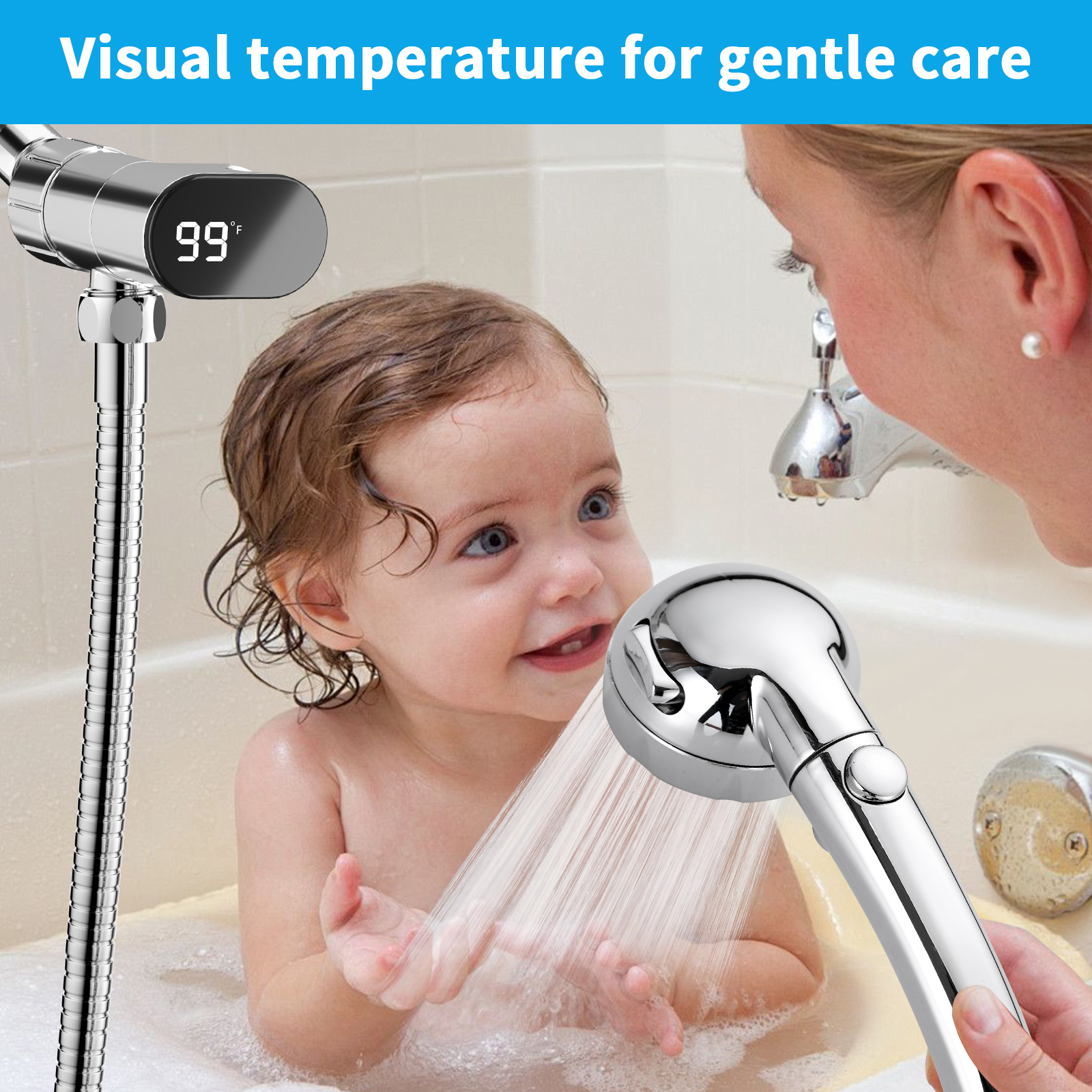 KAIYING High Pressure Handheld Shower Head with Hose, On/Off Switch & LED Thermometer, Chrome