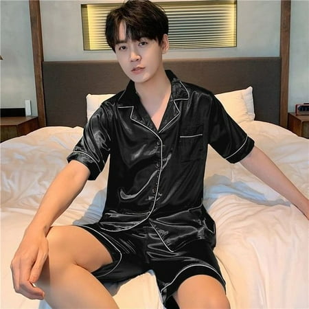 

QWZNDZGR Solid Color Sleepwear Couple Silk Satin Pajama Sets Short sleeve Pyjamas Home Wear Suits Pijama Women Men Loungewear Shorts Pjs