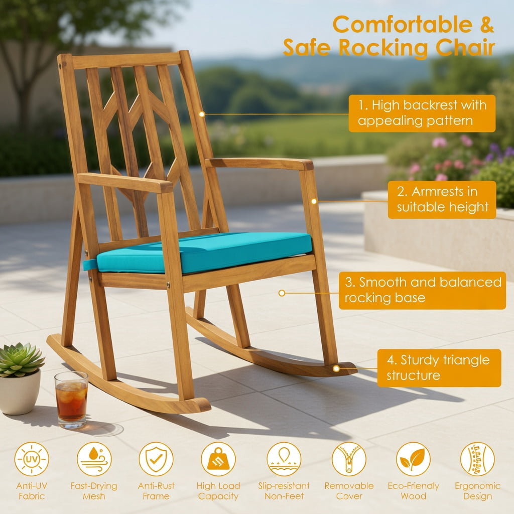 Hommoo Acacia Wood Patio Rocking Chair Sofa with Removable Turquoise Cushion, Outdoor Garden & Deck Rocker for Backyard, Poolside, or Porch, Turquoise