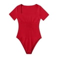 thumbnail image 3 of Hfnxid Women's 2Bodysuits Ribbed One Piece Square Neck Short Sleeve Bodysuits, 3 of 3