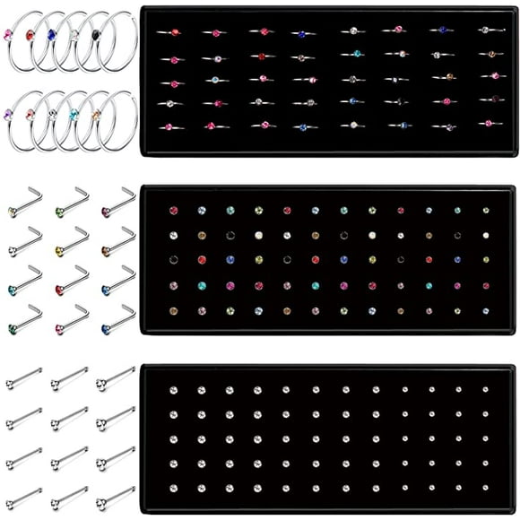 Ubjuliwa 160pcs Stainless Steel Stud Nose Rings Set for Women Crystal Rhinestone Nose Rings Stud Cartilage Septum Lip Nose Piercing Jewelry