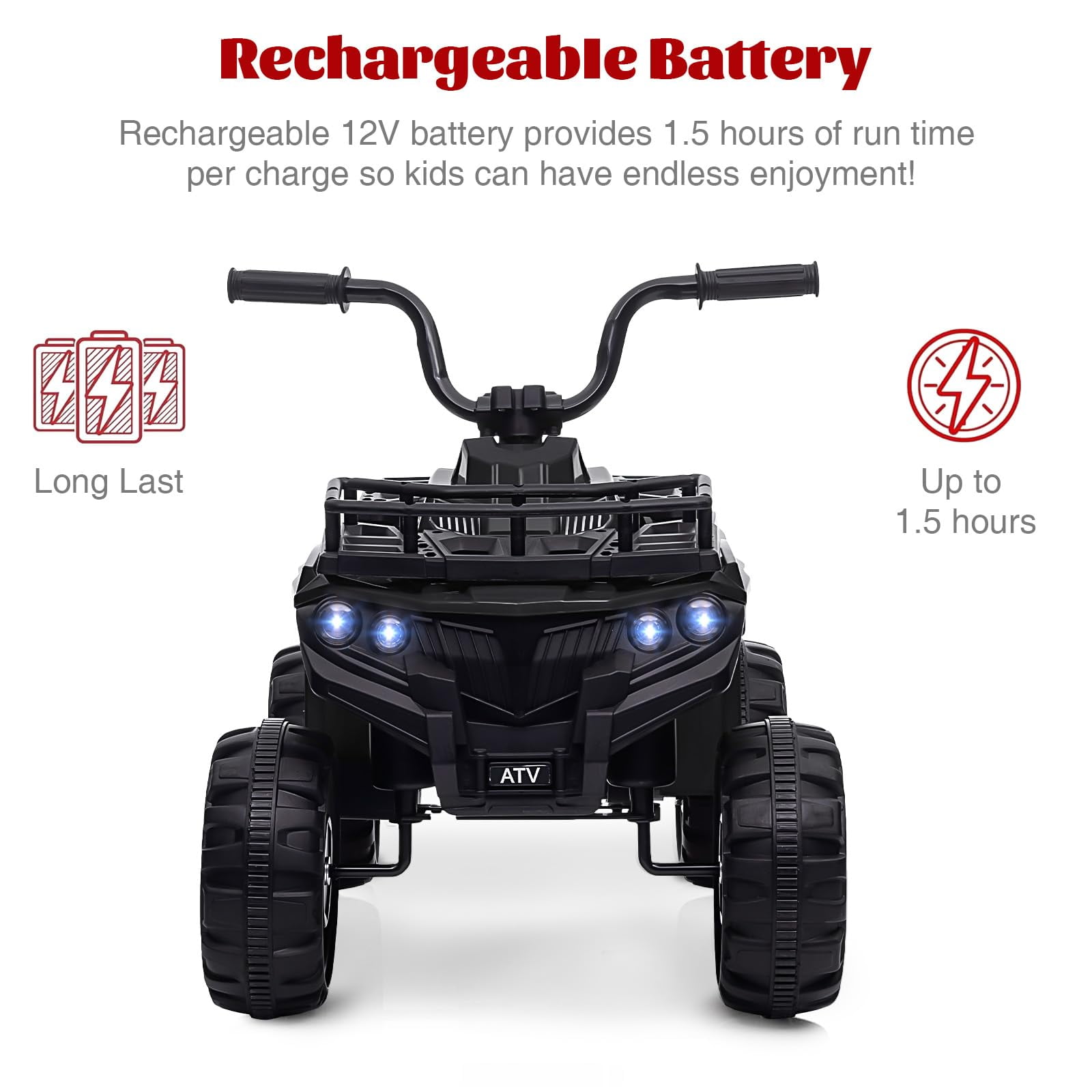 TROPOW 12V Ride On Toys for Boys,Kids Ride On ATV,4 Wheeler Electric Vehicle for Kids,Battery Powered Quad Toy Vehicle with Music,Horn,High Low Speeds,Led Lights,Electric Ride On Toy,Black