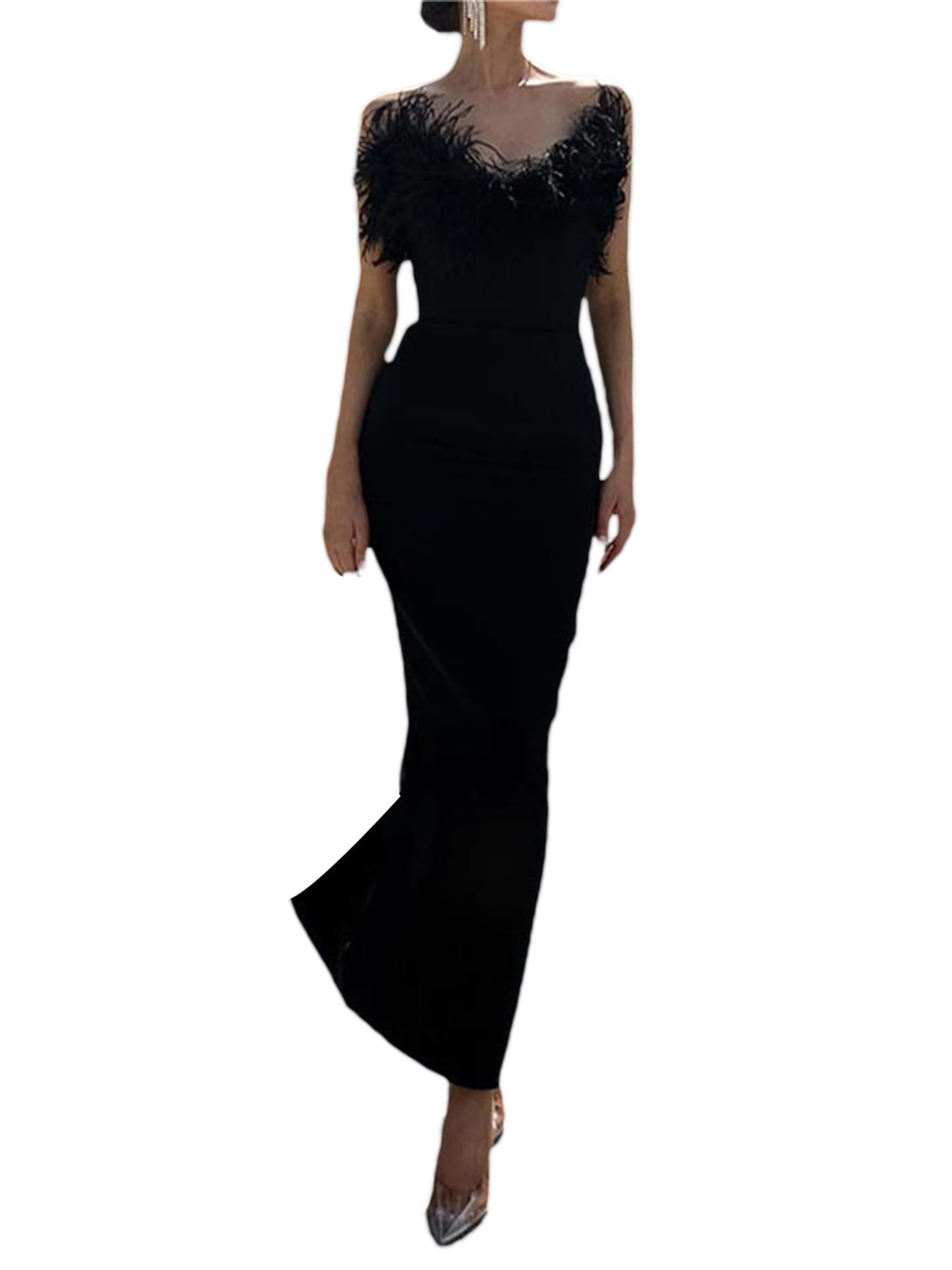 Blotona Womens Formal Velvet Feather Trim Mini Dress Elegant Plush Hem