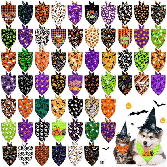 60 Pcs Halloween Dog Bandanas Bulk Adjustable Triangle Dog Scarves Bibs Puppy Bandanas Pet Neckerchief Washable Holiday Dog Bandana for Smal