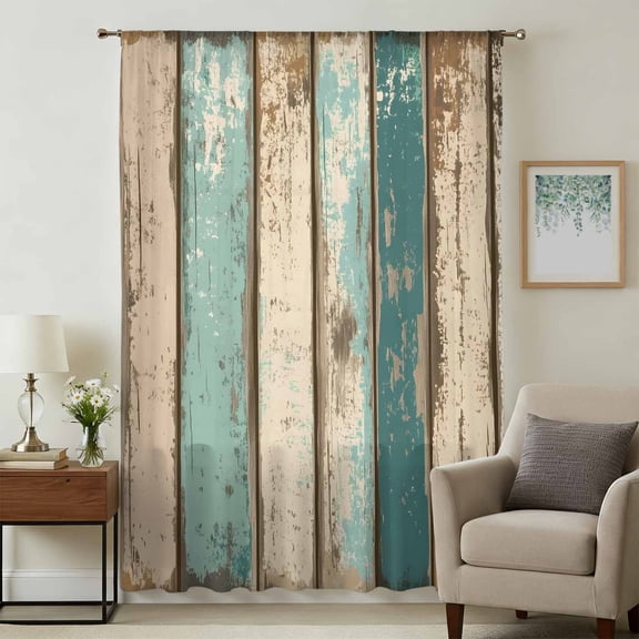 Farmhouse Teal Brown Sheer Curtains 45 Inches Long, Vintage Retro Ombre Wooden Light Filering Curtains, Breathable Simi Curtain Privacy Drapes for Kitchen Bathroom Lightweight Small Window Treatment