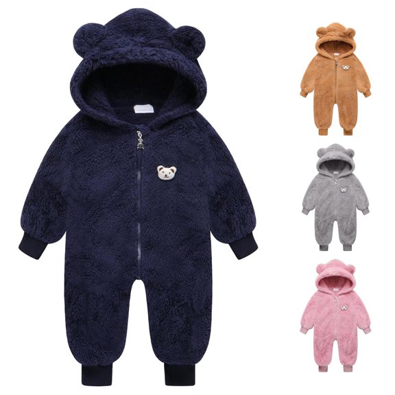 AWZXDE Girls Soft Stretch Bodysuits Bear Ear Hooded Jumpsuit Zip Up Warm Winter Casual Romper For Girls Dark Blue - 18-24 Months
