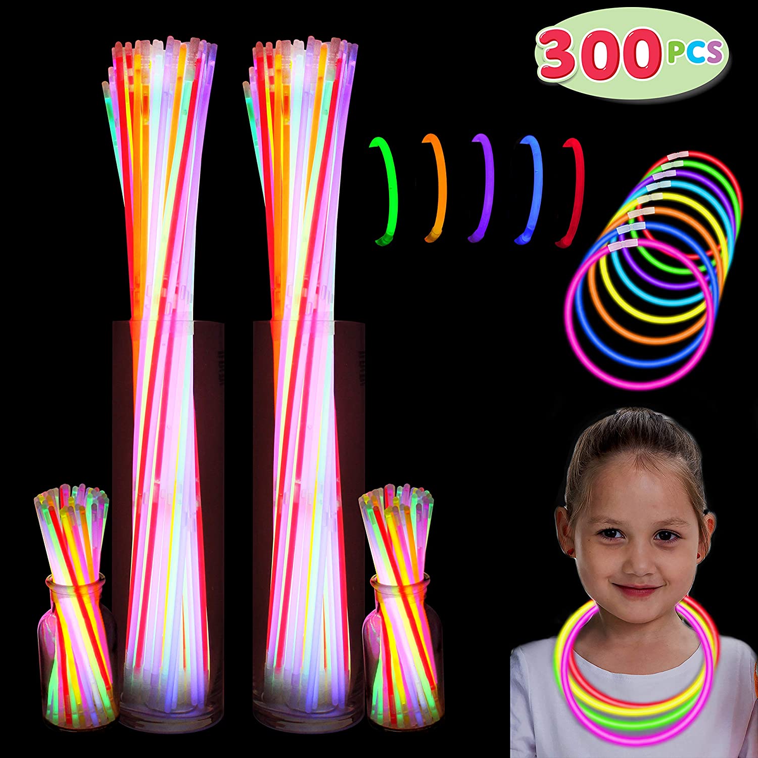 300 Pack Glow Sticks with 100 22” Necklaces + 200 8