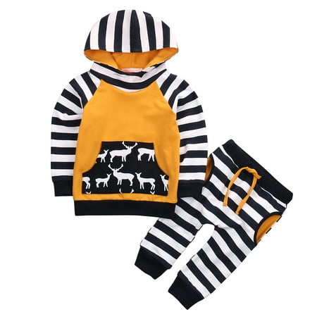 

2Pcs Boys Girls Outfit Deer Print Hooded Tops + Stripe Pants Casual Set