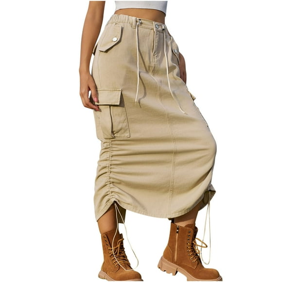 Mrat Midi Skirts for Women Women's Spring/summer Denim Casual Pencil Skirts for Women Wear Pocket Skirt Casual Tie Waist A Line Maxi Skirts Mid Length Skirt Khaki 2XL