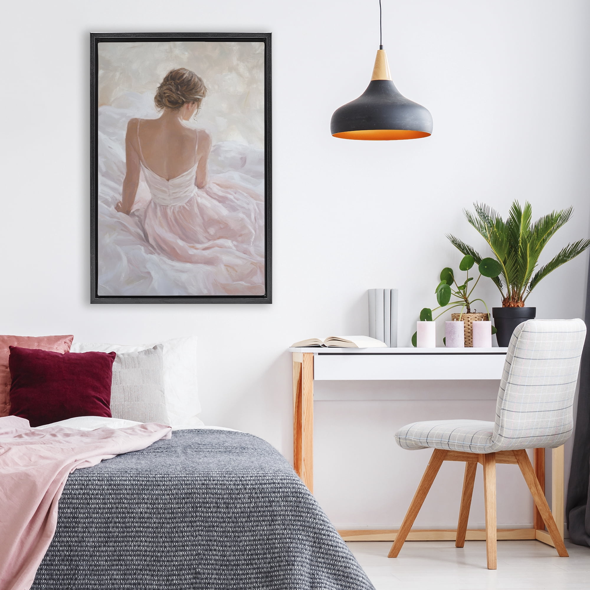 Stupell Industries Quiet Reflection in Pastel Pink Black Framed Floater Canvas Wall Art, design by Petal Prints Design