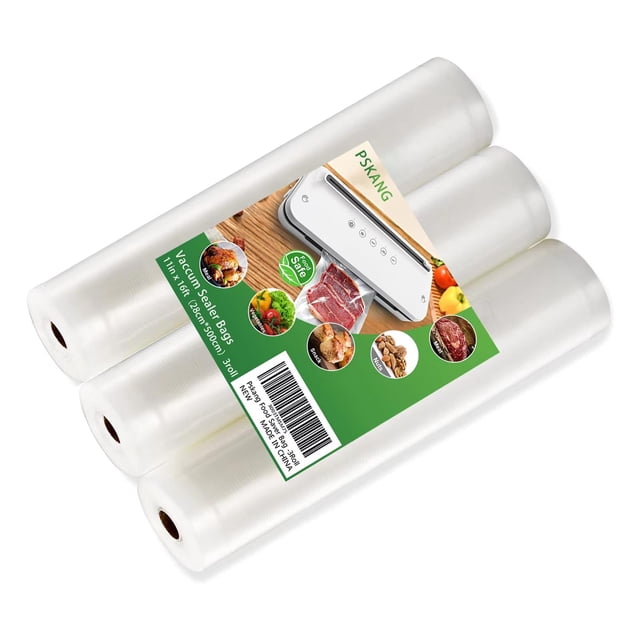 Pskang Vacuum Sealer Bags Rolls 11" x 16' (3 Rolls) BPA Free Vacuum Seal Bags for Food Heavy Duty Puncture Prevention Bags Rolls for Custom Fit Airti
