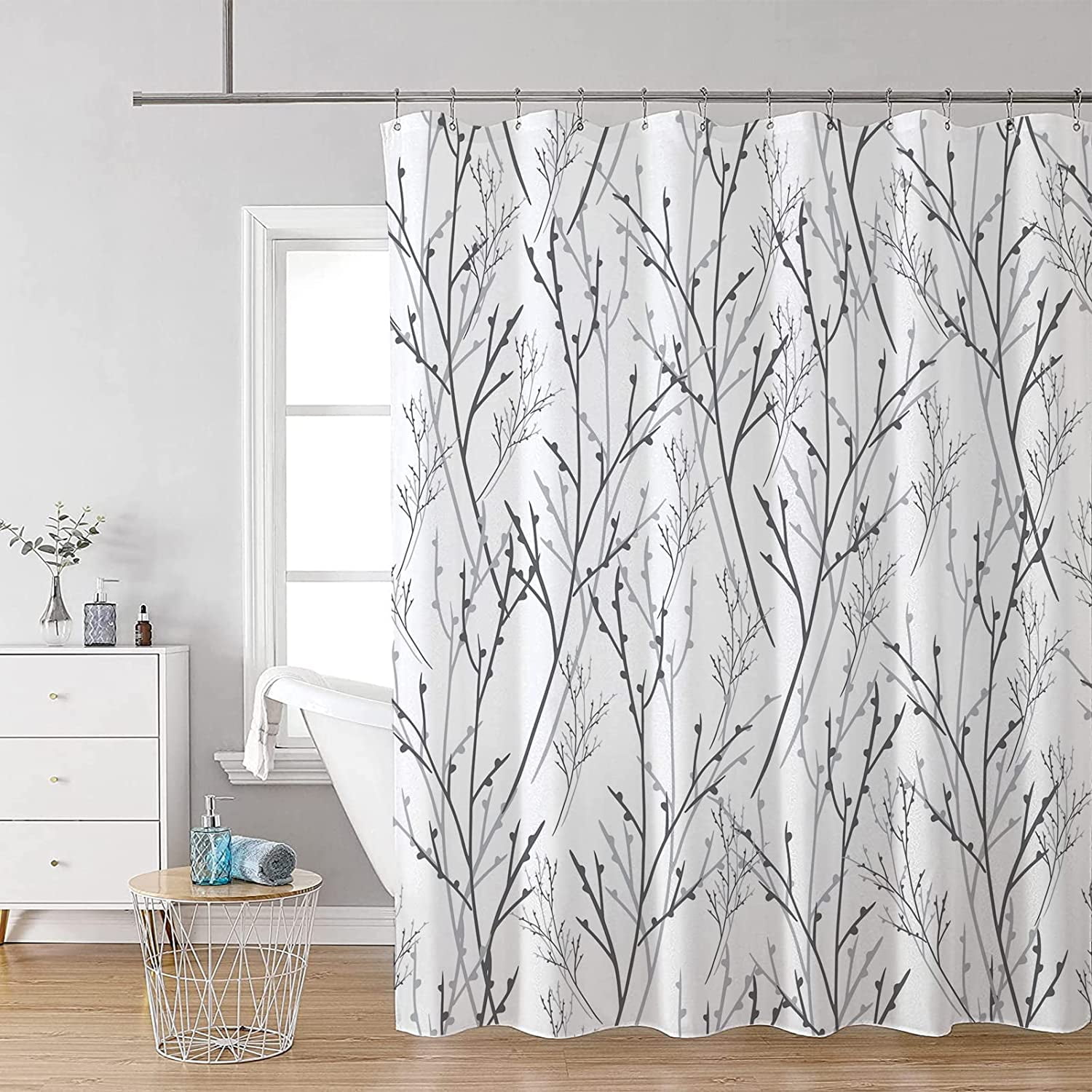 Gray White Shower Curtain Set,Tree Branch Shower Curtains for Bathroom