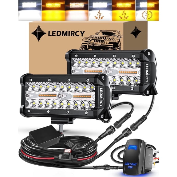 LEDMIRCY 7 Inch LED Light Bar Kit with Rocker Switch 6 Modes White Amber Offroad Light Bar with Memory Function Strobe Light with Wiring Harness Flashing Work Lights for Trucks Boat Tractor Etc