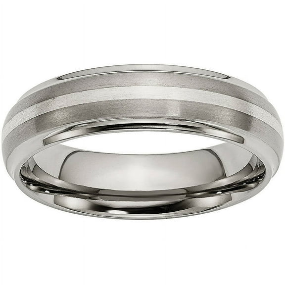 Primal Steel Titanium Brushed Center with Sterling Silver Inlay 6mm Ridged Edge Band