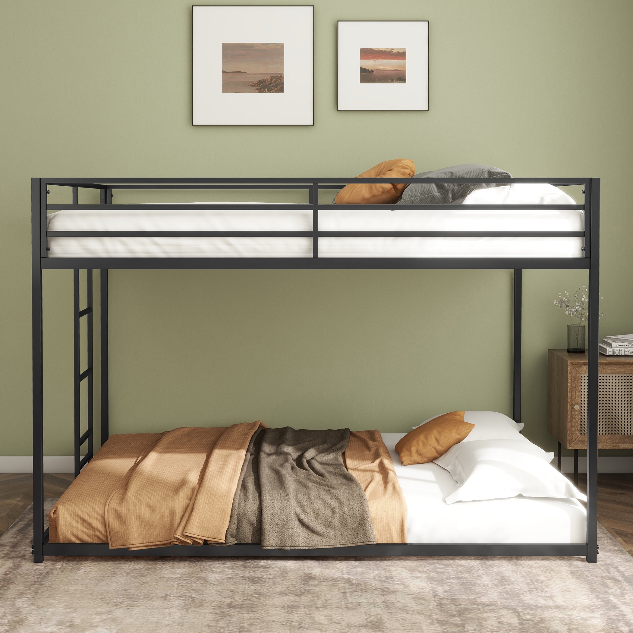 Miniyam Full over Full Metal Bunk Bed with Safety Guardrails, Ladder for Teens, Black