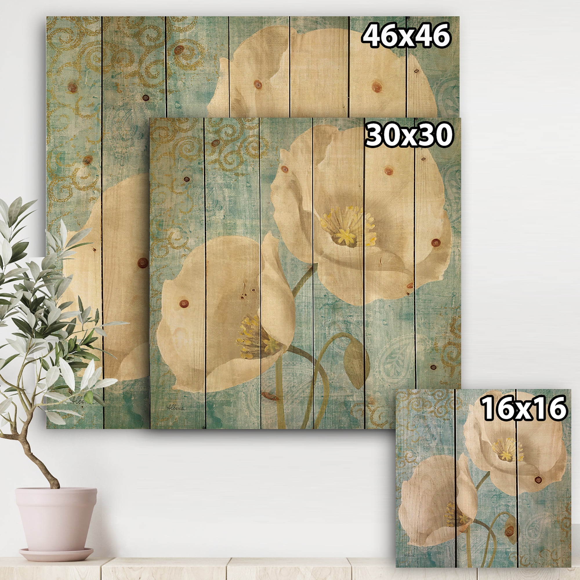 Designart 'bouquet Poppies on Paisley I' Cottage Print on Natural Pine Wood
