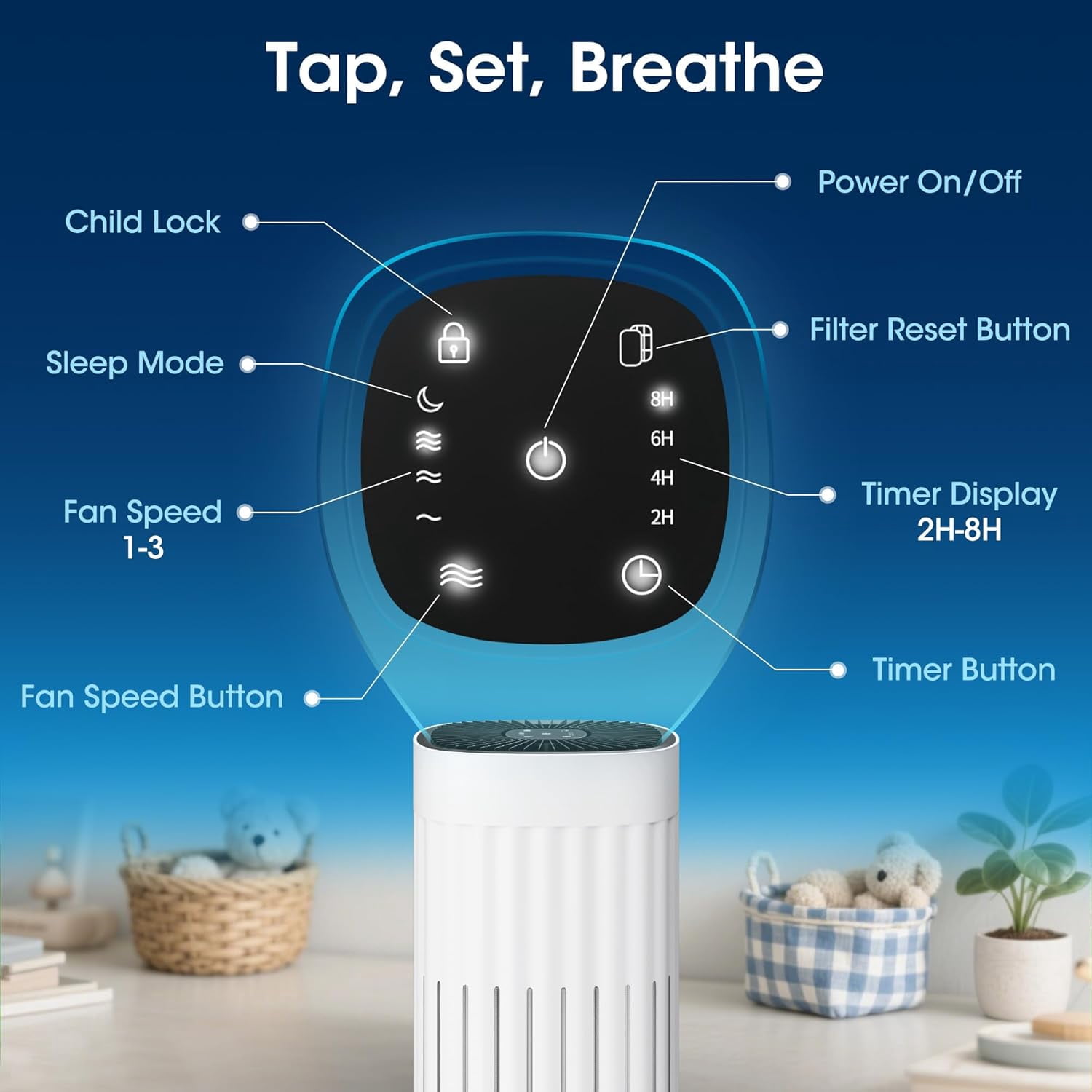 Nepsam 3-in-1 HEPA Air Purifier - 99.97% Particle Removal, 3-Speed, 8H Timer for Home & Office