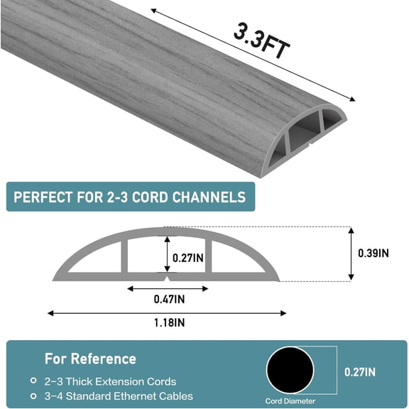 PYYAN-Floor Cord Cover Self Adhesive Cord Hider Floor Extension Cord Covers for Floor Power Cord Protector Cable Management Prevent Cable Trips Cable Cavity 0.47" W x 0.27" H (Light Grey Wood, 3.3Ft)