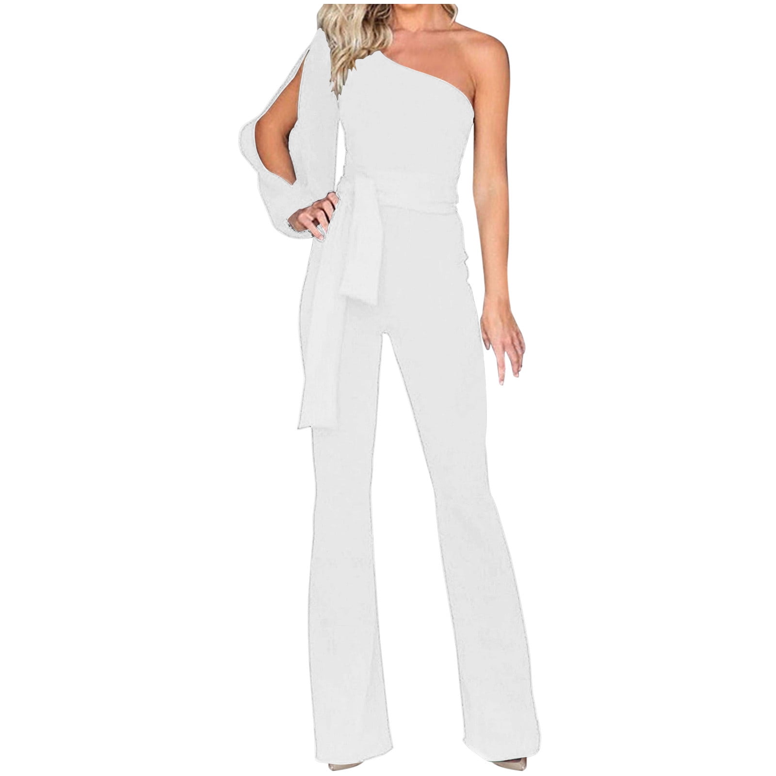 Women Elegant Formal Jumpsuits Split Long Sleeve Cold Shoulder