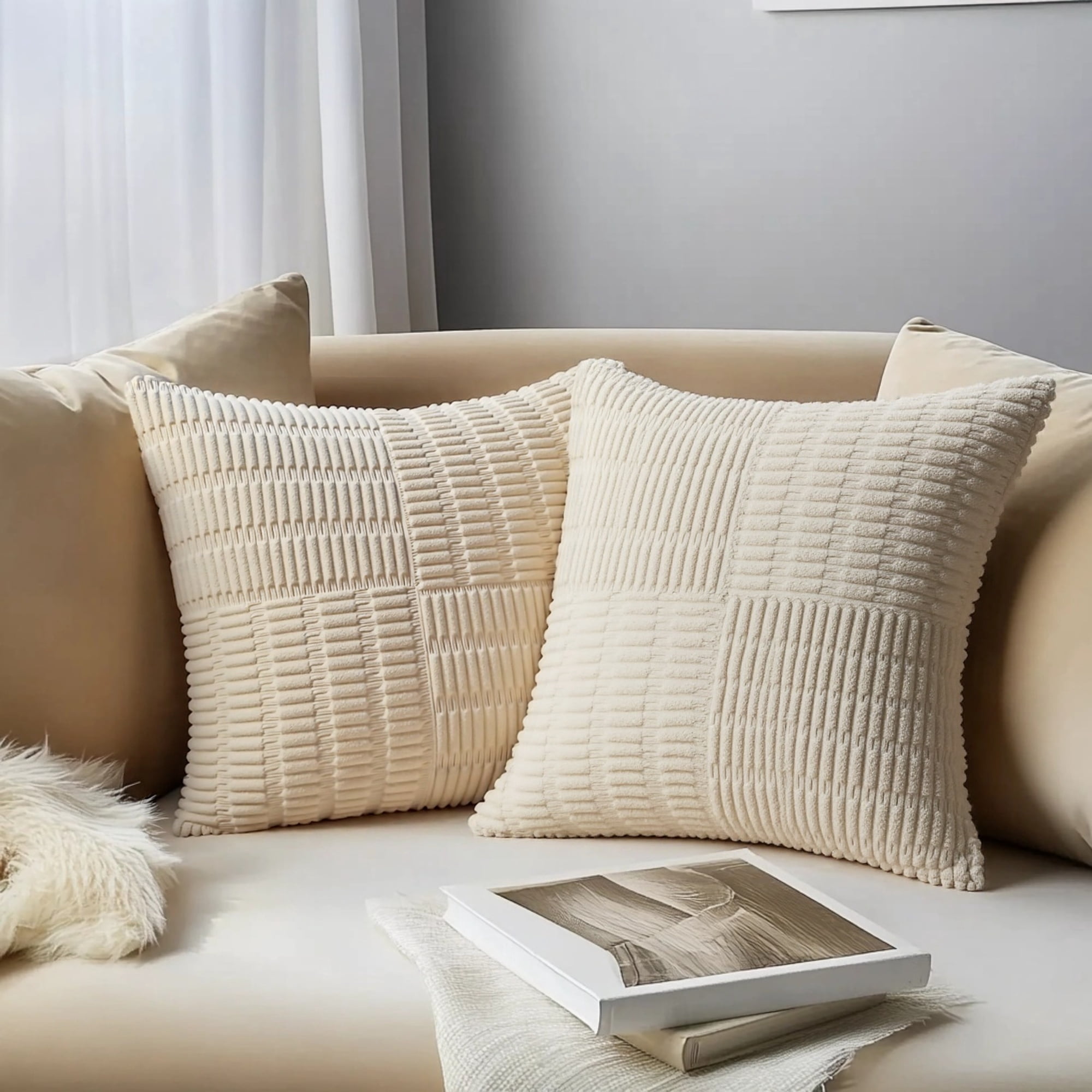 Unique Bargains 4 Pcs Corduroy Throw Pillow Covers 18" x 18" Beige/Khaki