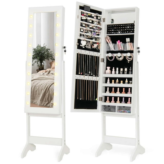 Costway LED Mirror Jewelry Cabinet with 20 LED Lights Full-Length Mirror Adjustable Angles White