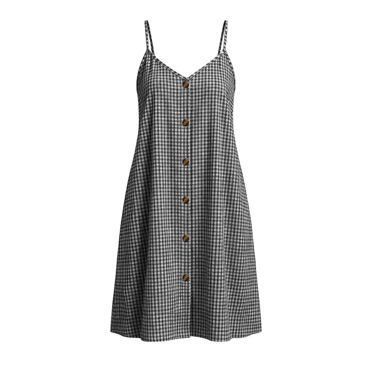 Bosfbaoi Dresses for Women Casual Plaid Cami Dress A-Line Beach Vacation Sundress Button Front V-Neck Sleeveless Womens Dresses with Pockets Summer 