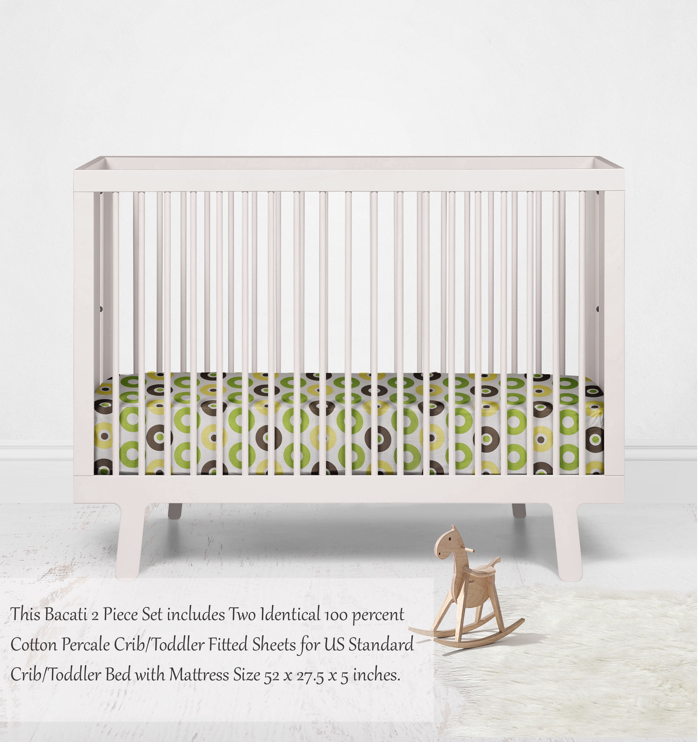 Bacati - Mod Dots Crib/Toddler Bed Sheets 100% Cotton Percale, Green/Yellow/Choc, 2-Pack