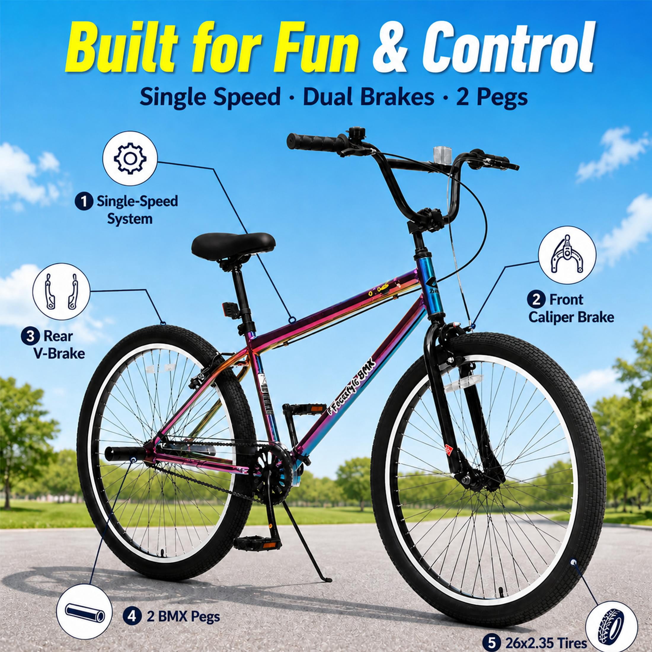 26 Inch Freestyle Bike for Teens and Adults, Single-Speed Mountain Bike with Carbon Steel Frame and 2 BMX Pegs, Front Caliper and Rear V Brakes, Colorful Outdoor Bicycle for Riders 5'4"-6'2"
