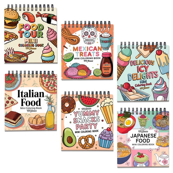 Food Mini Coloring Book Spiral Bound for Adult, Pack 6, 3.5” x 3.5” Pocket Size, 40 Coloring Pages Stress & Anxiety Relief, Travel for Women Men