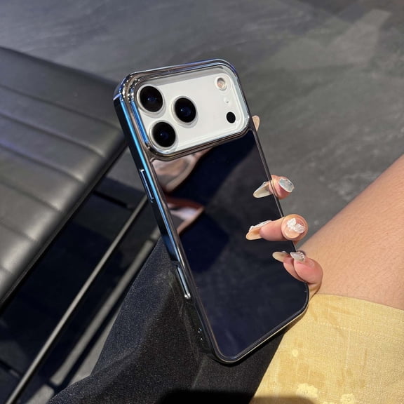 For iPhone 17 Pro Mirror Phone Case,for Women Girls,Makeup Cute Luxury Glossy Mirror Back,Ultra Slim Shockproof Anti-fall Drop Protection,Electroplated Frame Design,Rugged Phone Case,Silver