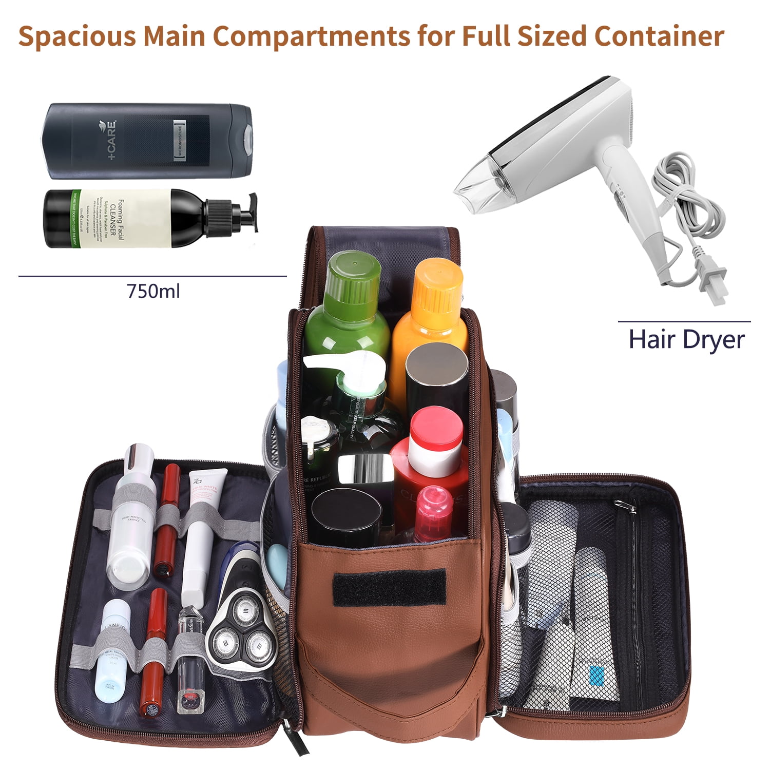 Large Capacity Toiletry Bag for Men, Leather Hanging Toiletry Organizer Cosmetics Makeup Bag, Brown