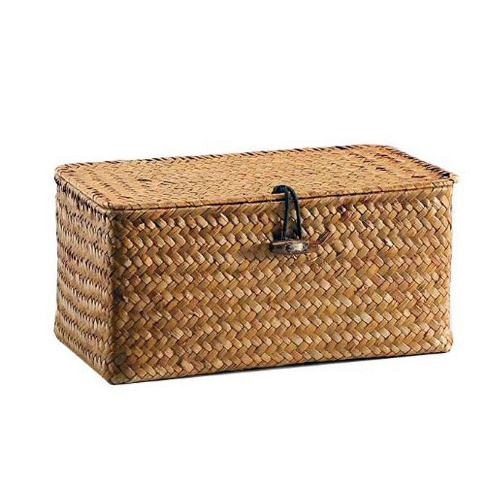 GAFRBALLV Handmade Wicker Storage Basket with Lid, Woven Rattan Seagrass Laundry Basket, Sturdy Metal Frame, Stylish Organizer for Toys, Pantry, Bathroom – 26x16x10cm